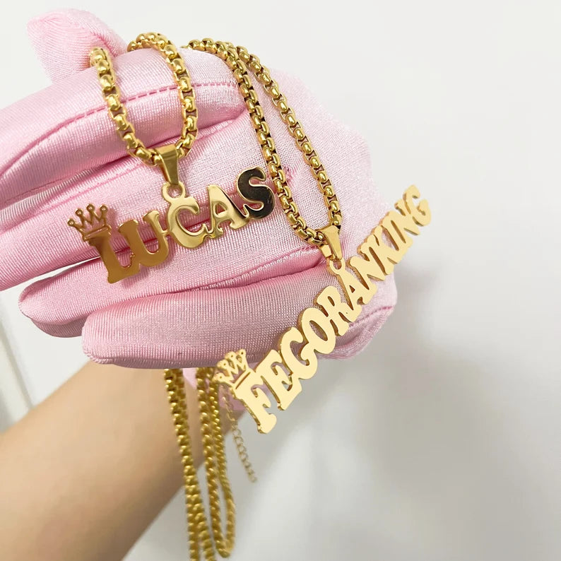 Collar con nombre para bebe y niños con cadena gruesa + corona