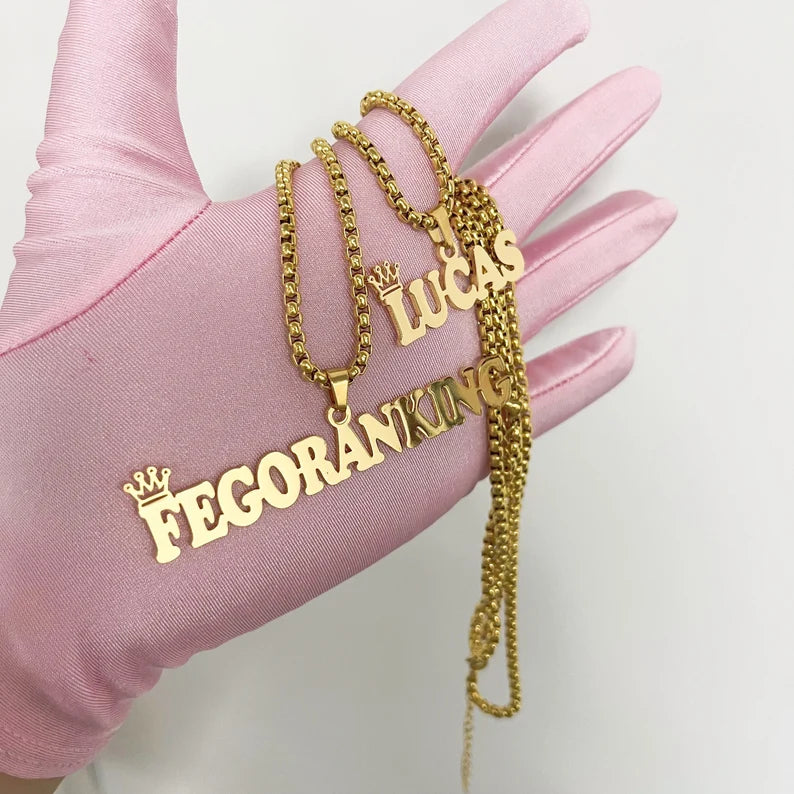 Collar con nombre para bebe y niños con cadena gruesa + corona