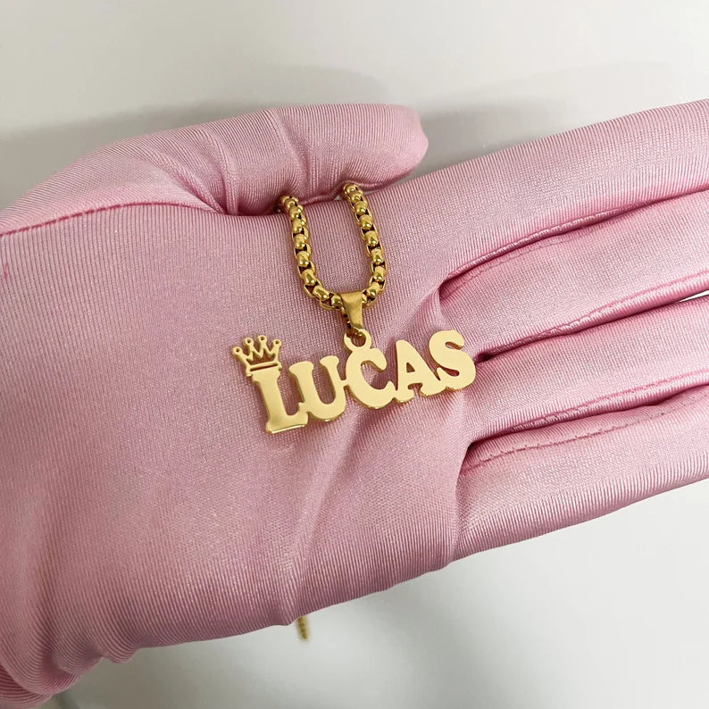 Collar con nombre para bebe y niños con cadena gruesa + corona