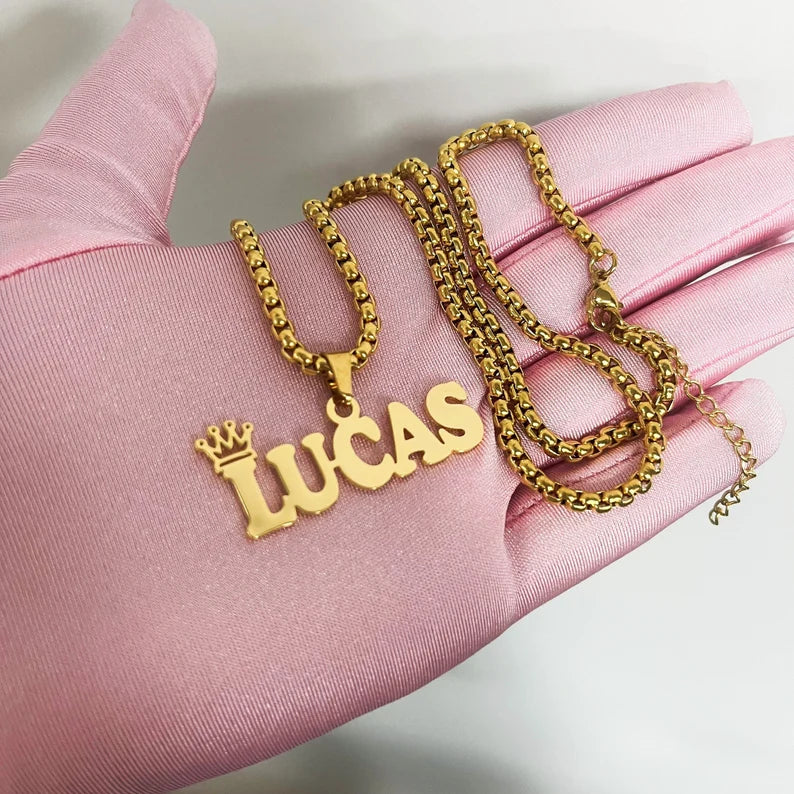 Collar con nombre para bebe y niños con cadena gruesa + corona