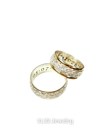 Anillos para pareja trenza + biselado con lamina de oro