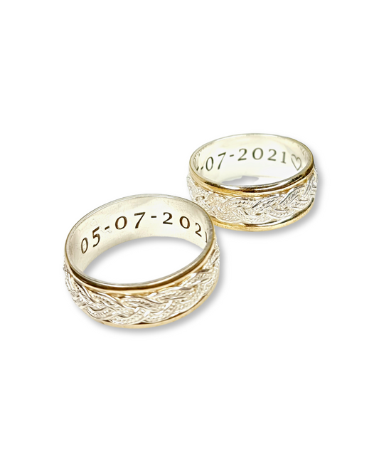 DUO DE ANILLOS CON LAMINA BISEL CON BAÑO DE ORO + TRENZADO
